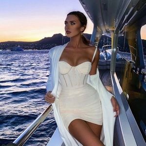 OVERLOAD MESH BODYCON CORSET MINI DRESS IN IVORY